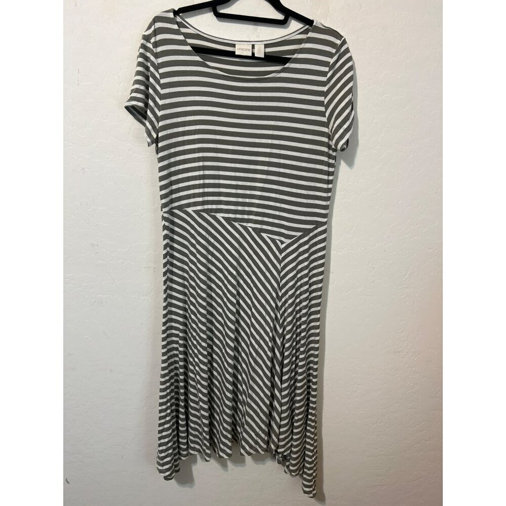 Chico's Sz 2 (US L 12) Grey Green Striped Stretchy Tee Shirt Dress Beachy